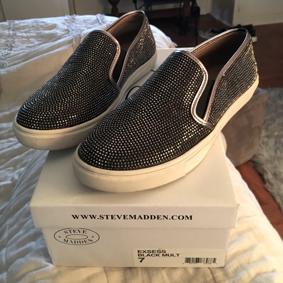 black rhinestone slip on sneakers